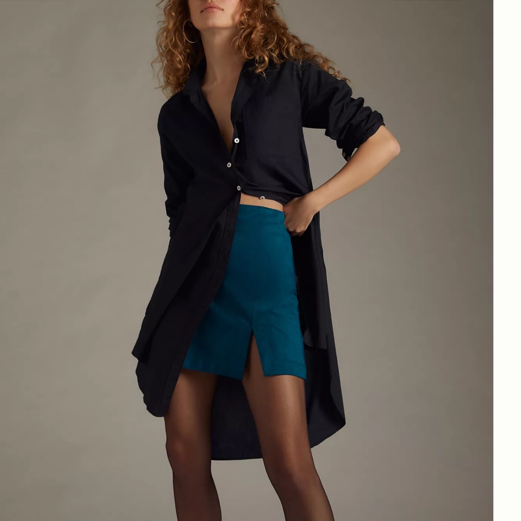 Anthropologie Black Long Tunic Shirt With Teal Skirt Accent